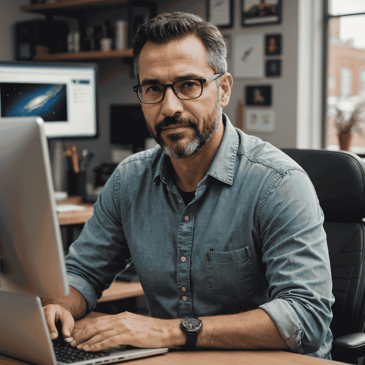 Foto de perfil de Carlos Mendoza, instructor senior. Un hombre de unos 40 años con barba corta, vestido con una camisa casual, sentado frente a una computadora en un espacio de trabajo creativo.