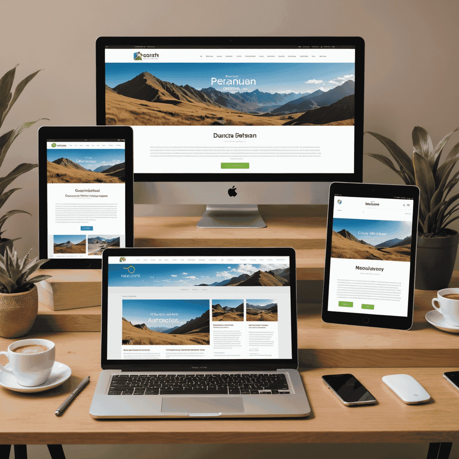 Mockups de un sitio web peruano moderno mostrando su diseño responsivo en diferentes dispositivos: desktop, tablet y móvil