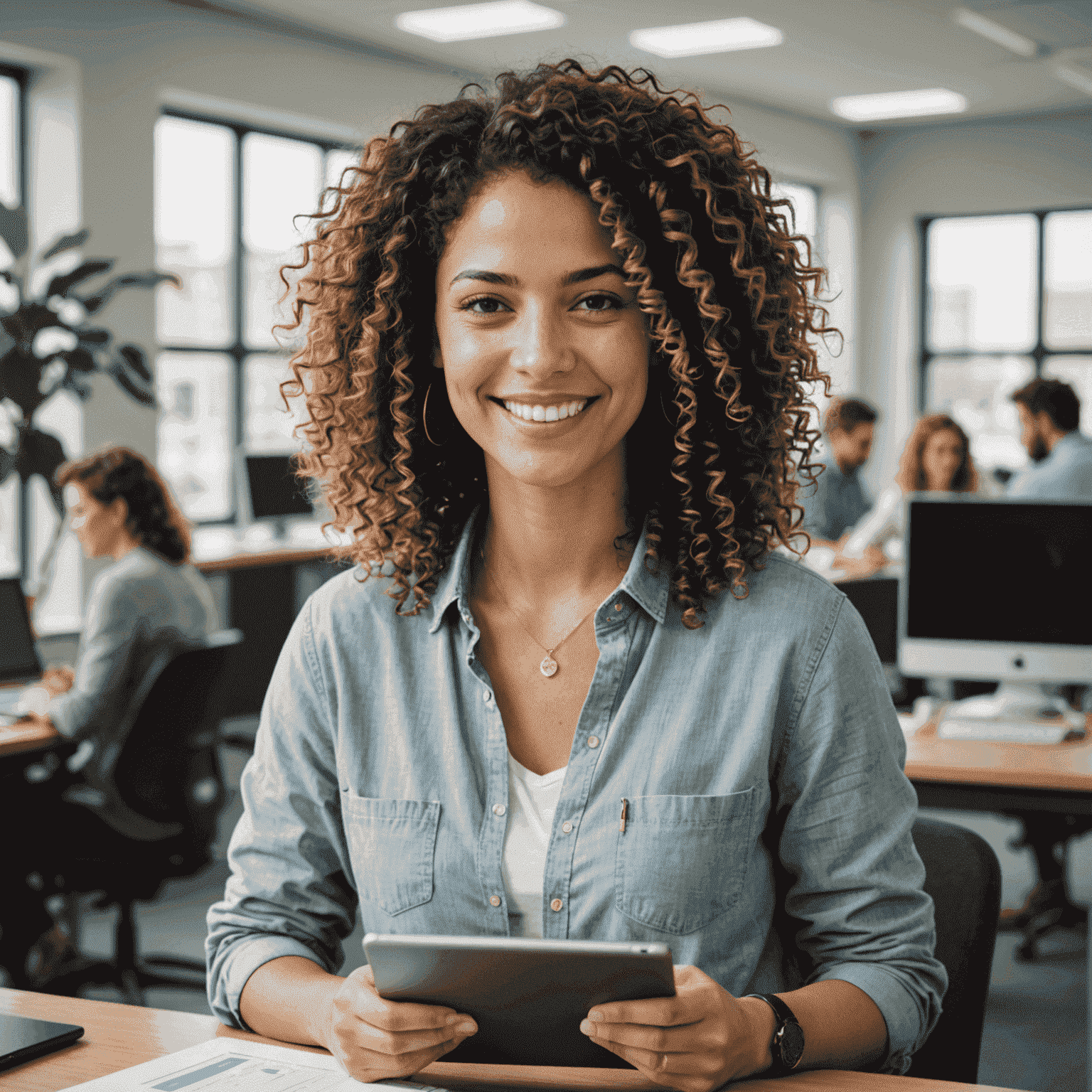 Foto de perfil de Ana Torres, coordinadora de cursos. Una mujer joven de unos 28 años con cabello rizado, sonriendo mientras sostiene una tablet en un ambiente de oficina luminoso.